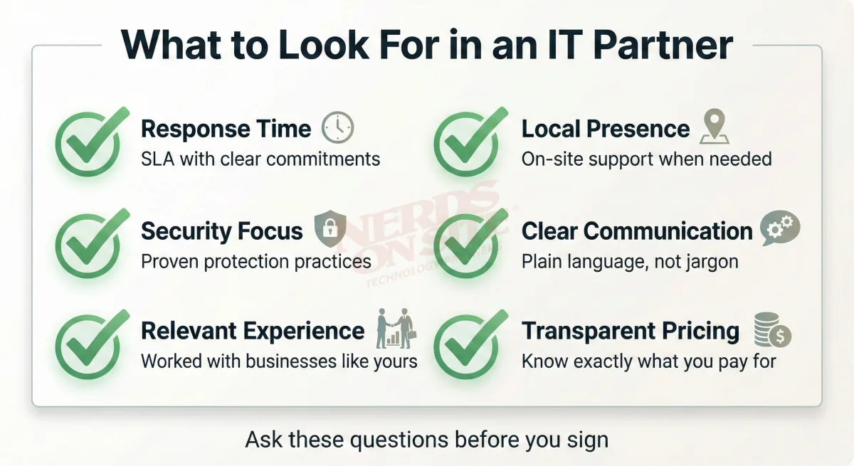 Kies 'n IT-vennoot kontrolelys: reaksietyd SLA, plaaslike teenwoordigheid, sekuriteitsfokus, duidelike kommunikasie, relevante ervaring, deursigtige pryse
