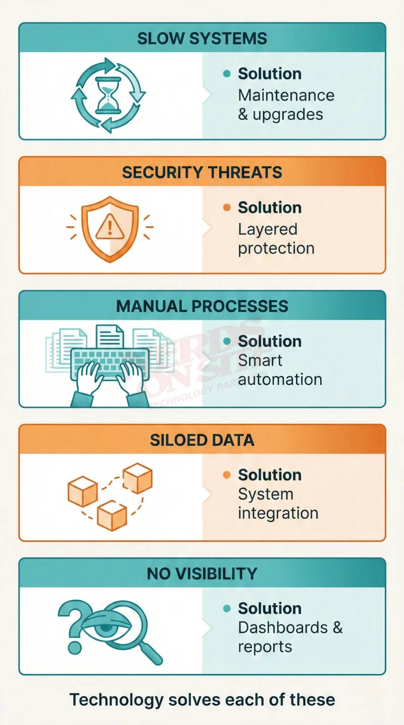 Five business problems IT solves: slow systems, security threats, manual processes, siloed data, no visibility
