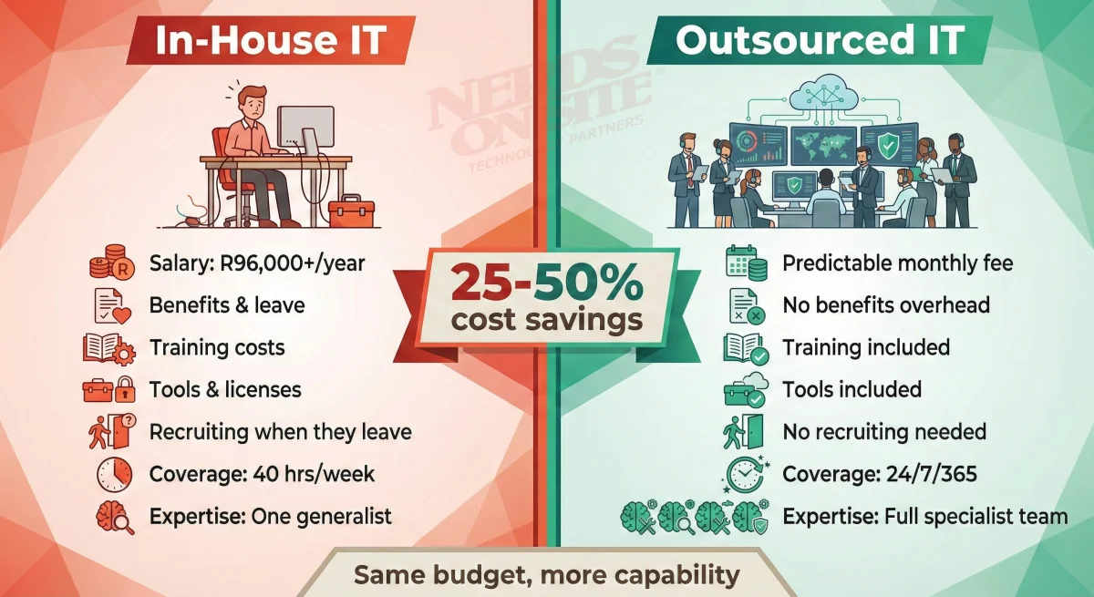 Interne vs uitgekontrakteerde IT-koste: intern beteken een generalis teen R96K+ met 40-uur dekking, uitgekontrakteer beteken 'n volle spesialisspan met 24/7-dekking vir 25-50% minder