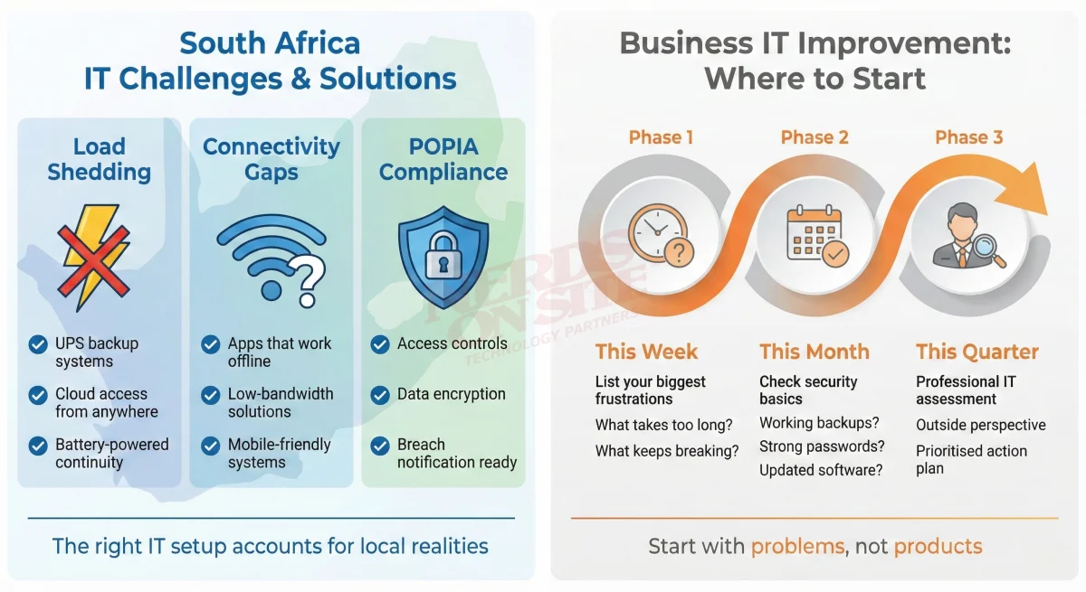 South Africa business IT challenges: load shedding requires UPS and cloud access, connectivity gaps need offline capabilities, POPIA compliance needs access controls and encryption