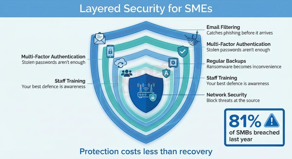Security layers every business needs: email filtering, multi-factor authentication, regular backups, staff training, network security