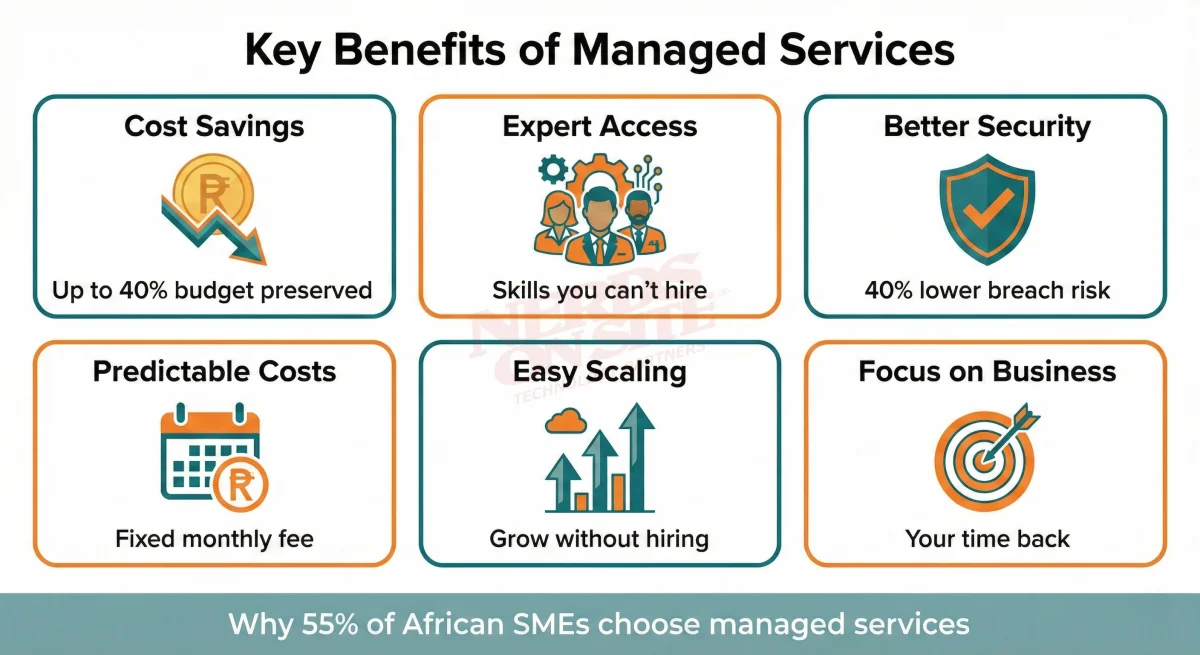 Ses voordele van IT-uitkontraktering: kostebesparing tot 40%, toegang tot kundiges, 40% laer oortredingsrisiko, voorspelbare koste, maklike skaal, fokus op besigheid