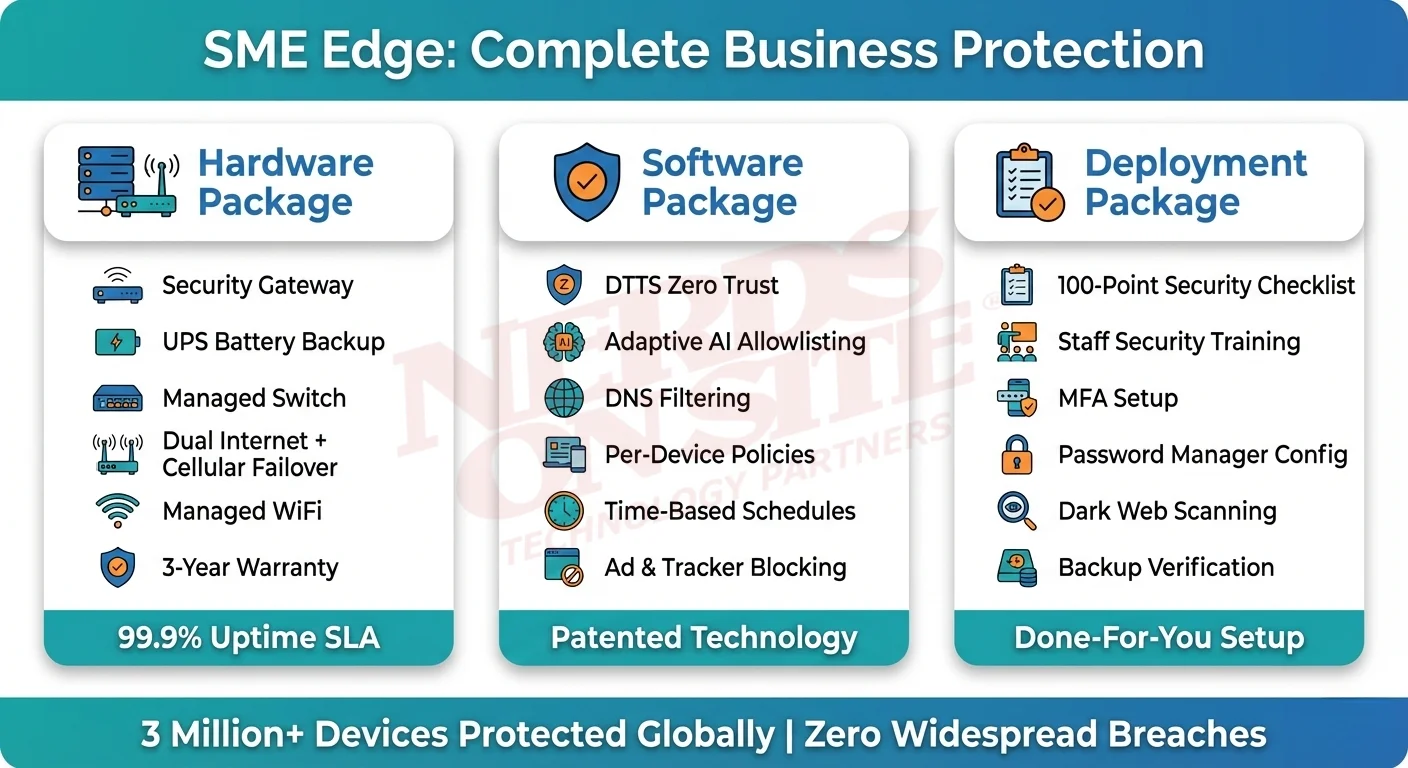 SME Edge volledige pakket: Hardewarepakket met sekuriteitspoort en UPS, Sagtewarepakket met DTTS en KI-toelaatlys, Ontplooiingspakket met 100-punt kontrolelys en opleiding