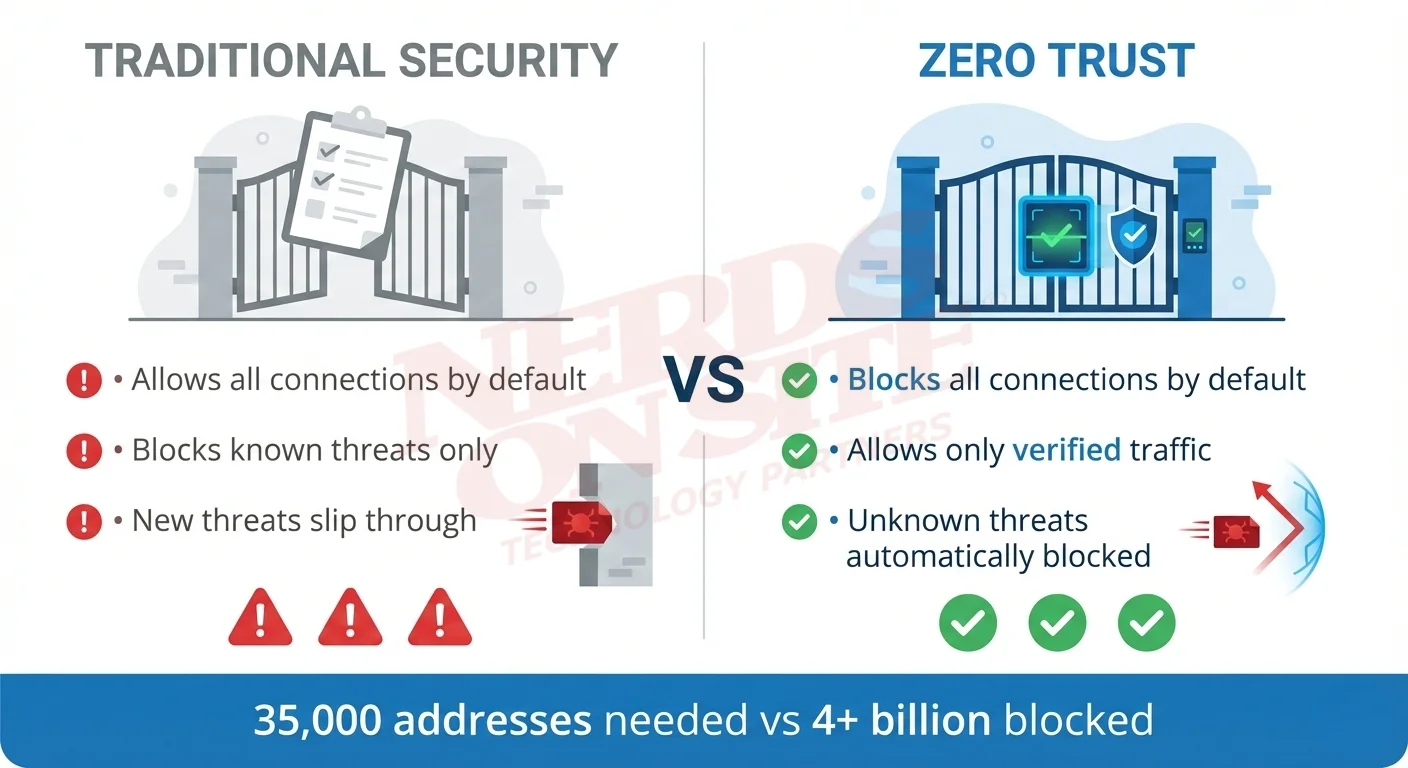 Tradisionele sekuriteit vs Zero Trust-konnektiwiteit-vergelyking: Tradisionele sekuriteit laat alle verbindings toe en blokkeer bekende bedreigings, terwyl Zero Trust-konnektiwiteit alle verbindings by verstek blokkeer en slegs geverifieerde verkeer toelaat