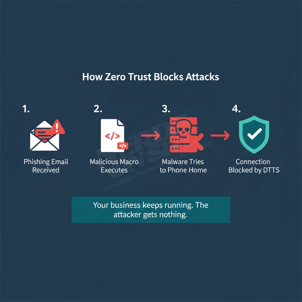 Hoe Zero Trust-konnektiwiteit aanvalle blokkeer: Uitvissing-e-pos kom aan, kwaadwillige makro voer uit, wanware probeer huis toe bel, maar DTTS blokkeer die verbinding en die aanval misluk